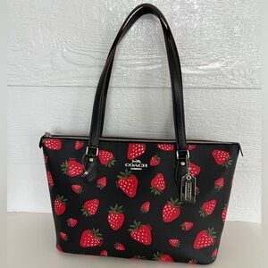 Coach Gallery Wild Strawberry Print Coated Canvas Smooth Leather Shoulder Tote